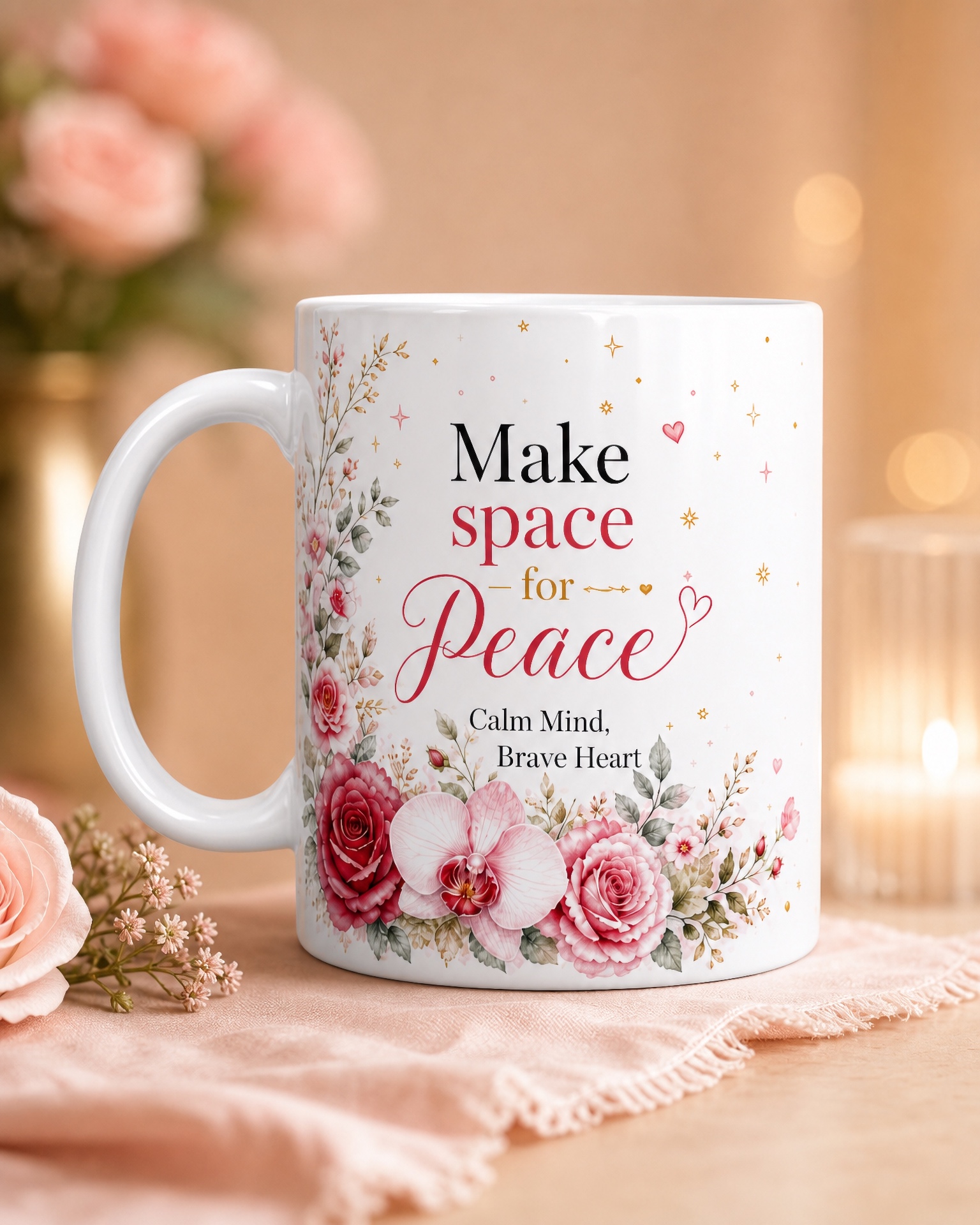 Handcrafted ceramic mug with steaming coffee beside an insulated can cooler on a sunlit kitchen counter